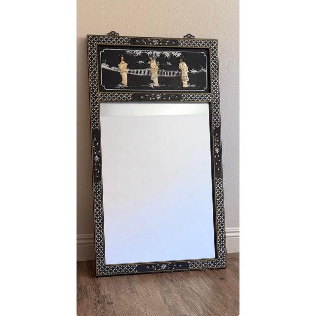 Late 20th Century Vintage Chinoiserie Black Lacquer Figural Mirrors, 2-Piece Set For Sale - Image 5 of 6