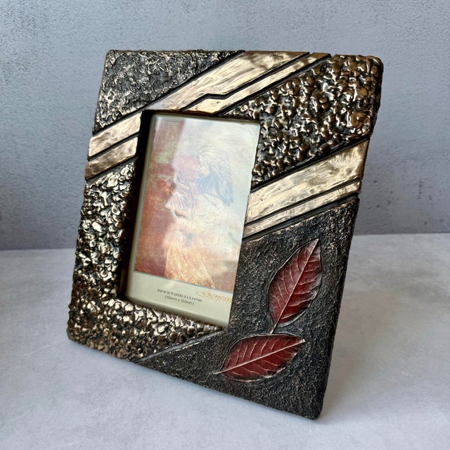 Textured Mixed Metal 4” X 6” Photo Frame Brutalist Style Autumn Leaves For Sale - Image 12 of 12