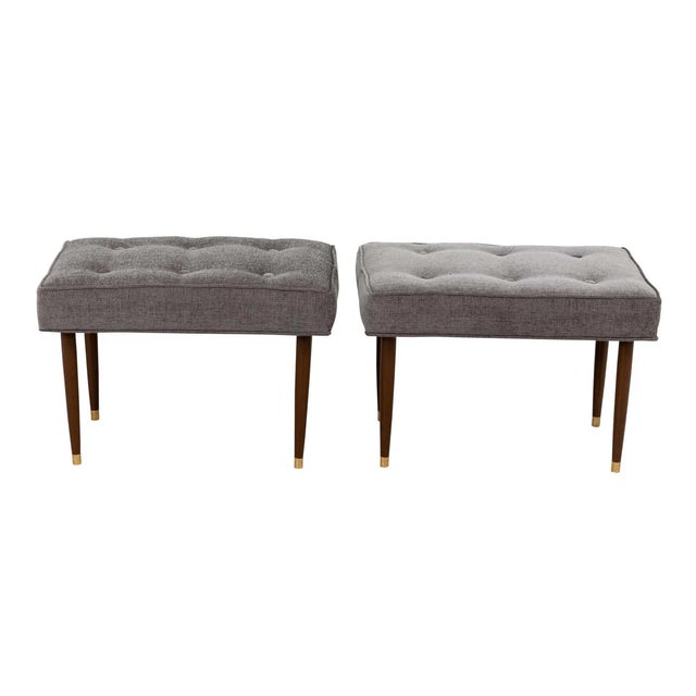 Mid Century Benches With Walnut Legs and Brass Sabots For Sale - Image 4 of 11