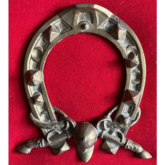 Metal Antique 19th Century Brass Equestrian Horse Shoe Paperweight or Mount With Crossed Riding Crops & Helmet Crest For Sale - Image 7 of 9