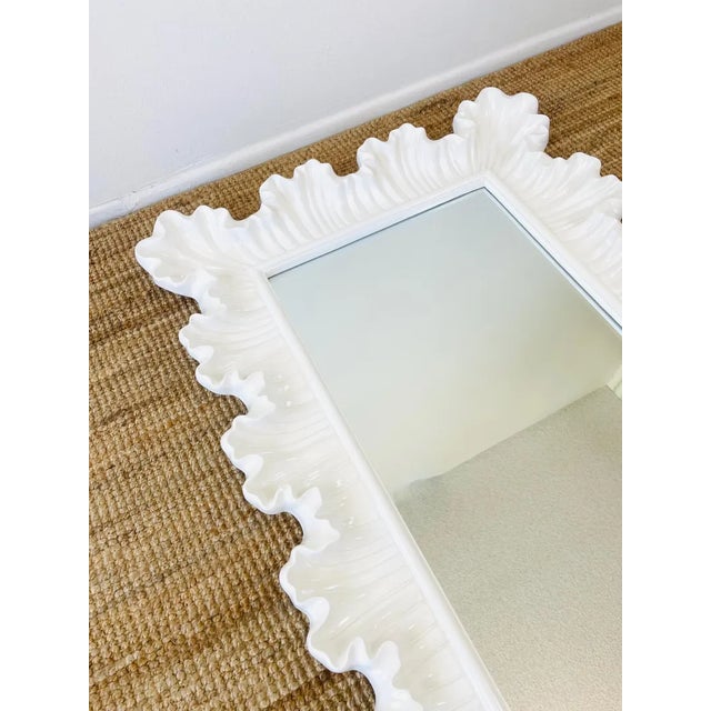 Serge Roche Vintage 1980s White Ruffled Carved Look Molded Fiberglass Wall Mirror Serge Roche Style For Sale - Image 4 of 7