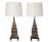 Pair of 1950s gilt metal Asian seated figural lamps on black ebonized platform bases, in the style of James Mont.