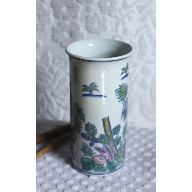 Chinese ceramic tall vase or jar with handpainted cockatoo, leaves and a pink orchid. Great size for kitchen utensils....