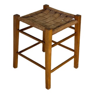 Oak Stool With Woven Cord Seat Rustic Scandinavian Vintage Mid-Century Modern 1970s For Sale
