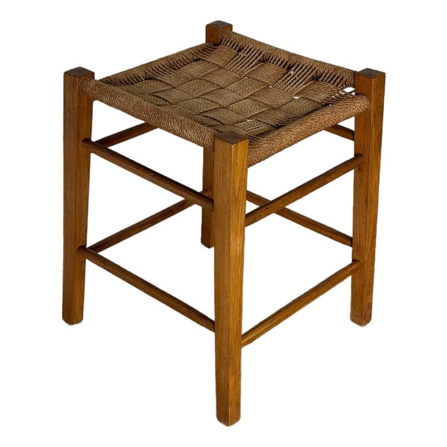 Oak Stool With Woven Cord Seat Rustic Scandinavian Vintage Mid-Century Modern 1970s For Sale