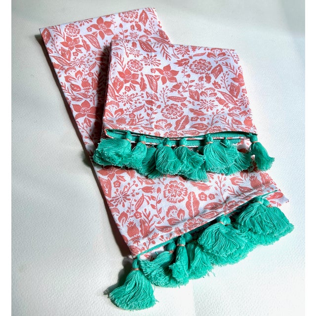 Pair Unused White Cotton, Coral Floral, Teal Tasseled Hand Towels For Sale - Image 4 of 17