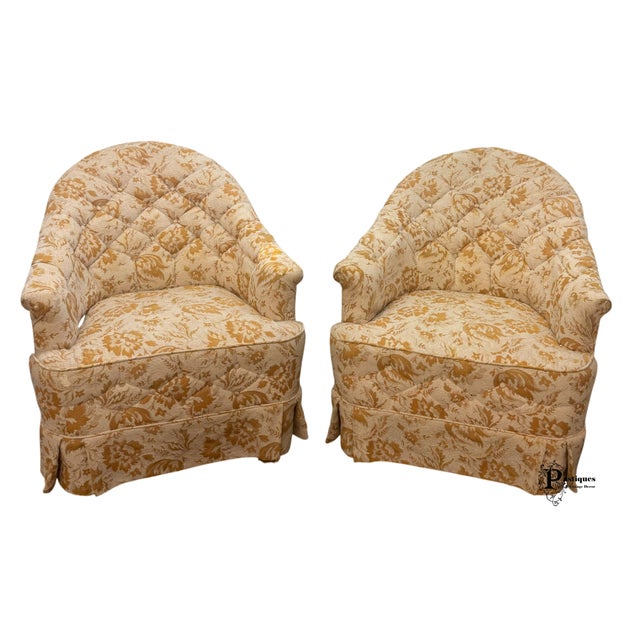 Vintage Mid Century Style Tufted Printed Upholstered Barrel Back Chairs - Pair For Sale - Image 11 of 12