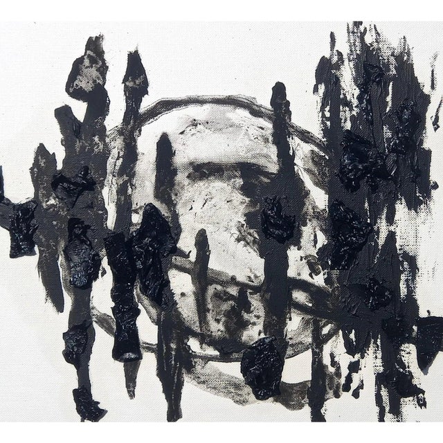 Mid-Century Modern 16.7" by 13.5" Black and White Abstraction - One-of-a-Kind High-End Natural Wood Shadow Box Framed Original Painting by Diane Grant For Sale - Image 3 of 5