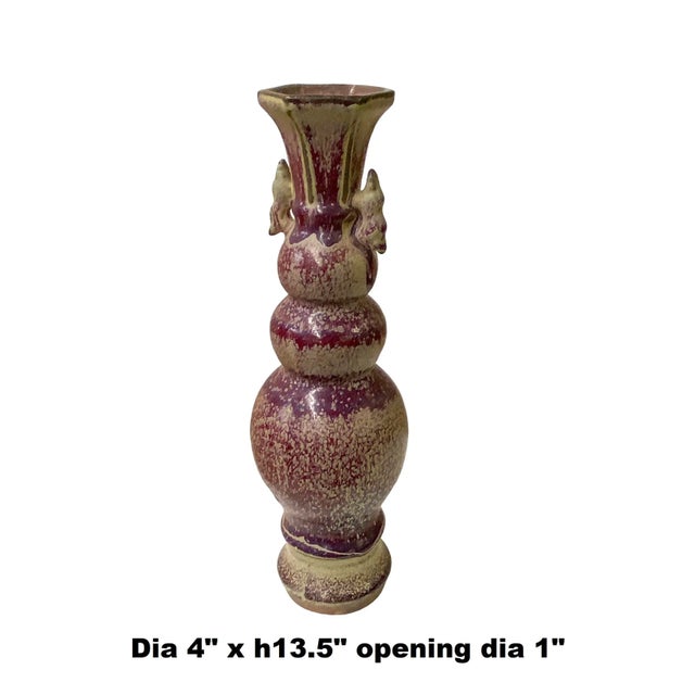 Chinese Plum Purple Distressed Ceramic Hexagon Mouth Artistic Narrow Vase For Sale - Image 3 of 6