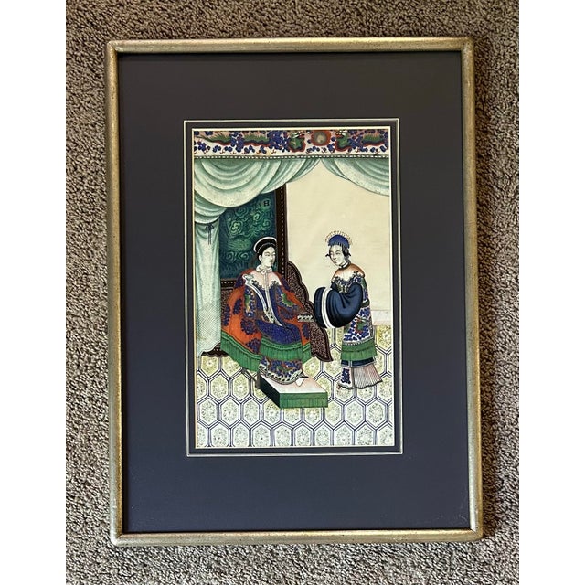 This is a 19th-century antique Chinese export gouache painting on rice paper depicting a Qing dynasty court scene with an...