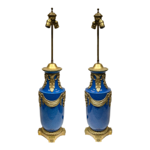 19th Century Gilt Bronze Mounted Eggshell Blue Glazed Porcelain Table Lamps - A Pair