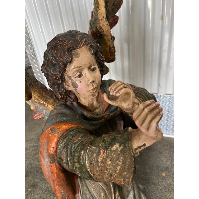 Large Late 20th Century Continental Hand Carved Wood Angels - a Pair For Sale - Image 10 of 11