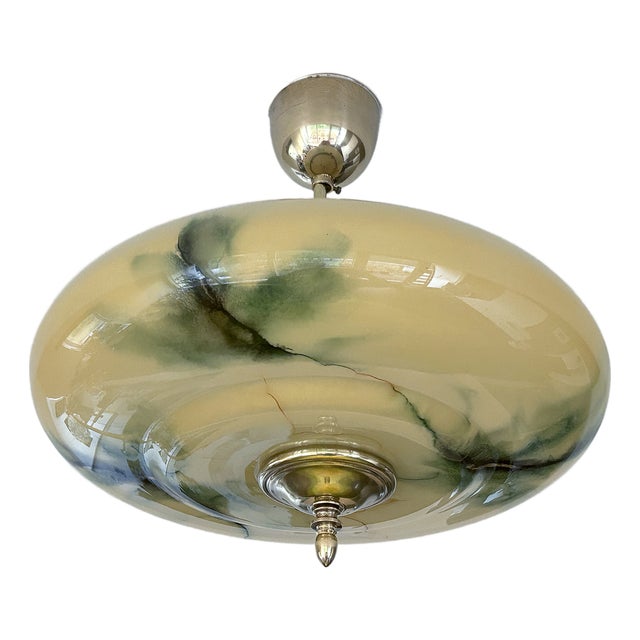 Art Deco Pendant Light in Amber Green Marble Glass, 1930s For Sale