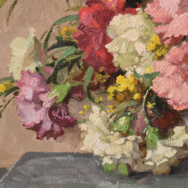 Maurice Alfred Decamps, Still Life with Carnations and Mimosa, Oil on Canvas, 20th Century For Sale - Image 4 of 11