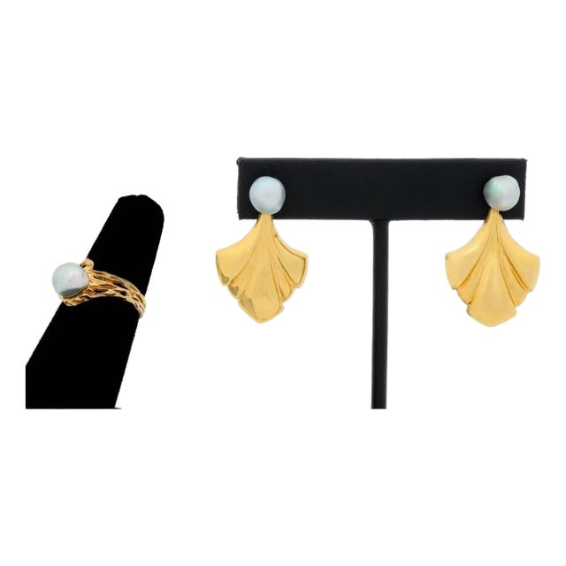 14k Yellow Gold and Cultured Pearl Jewelry Set For Sale