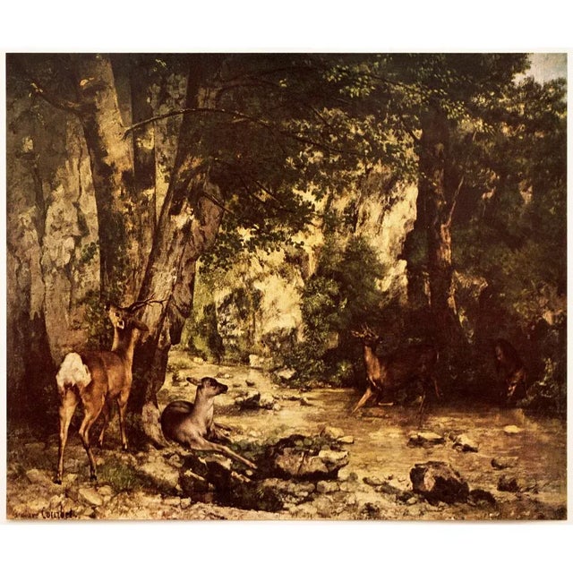 1950s After Gustave Courbet "Roe Deer in a Forest" First Edition Cottage Style Lithograph For Sale - Image 9 of 9