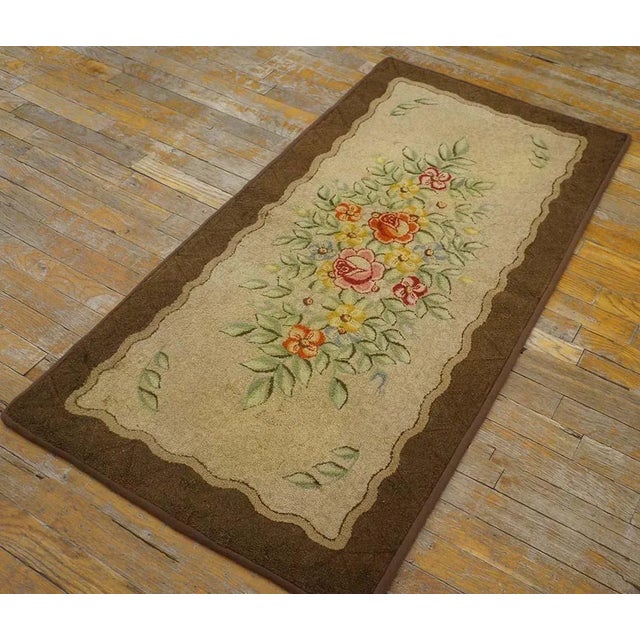 American A Ivory Background Color With Beautiful Roses Centerpiece in Floral Pattern Antique American Hooked Rug For Sale - Image 3 of 12