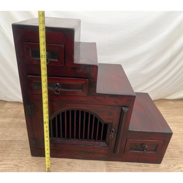 Brown Vintage Japanese Kaidan Tansu Step Chest Swing Door Cabinet Three Drawers 1950's For Sale - Image 8 of 11