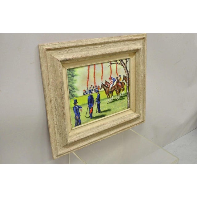 Late 20th Century Dom Dominic Mingolla Enamel on Copper Framed Painting Horse Jockey Race Derby For Sale - Image 11 of 12