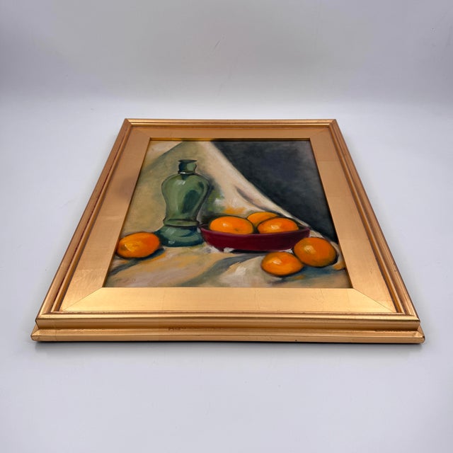 Bottle Green Vintage Oil Painting Still Life of Oranges & Green Glass Bottle Framed - Unsigned For Sale - Image 8 of 11