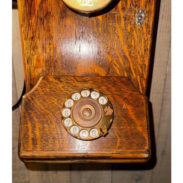 Imported Antique Argentine Oak Wall Telephone With Brass Bells & Green Glass Accent For Sale - Image 4 of 8