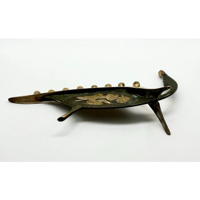 1960s Mid-Century Brass Boat Menorah With Damascene Etching | Vintage Judaica Art Sculpture For Sale In San Francisco - Image 6 of 12