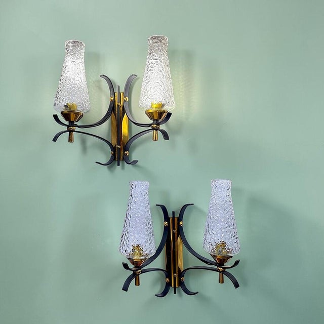 Mid-Century Italian Modern Brass and Textured Glass Double Wall Sconces, 1960s, Set of 2 For Sale - Image 13 of 13