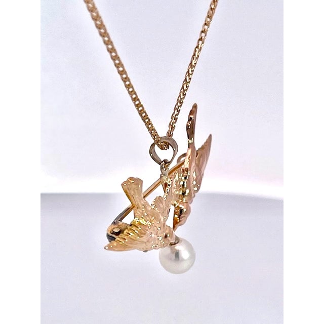 Metal 1950s Double Bird Brooch Pendant W/Pearl 14k For Sale - Image 7 of 9