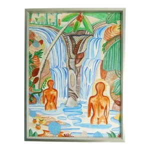 Tropical Watercolor Pool Scene. Signed Jh 1984 #1