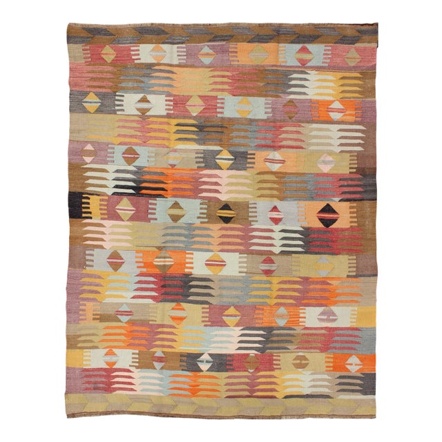 Colorful Vintage Turkish Kilim With All-Over Latching Design & Geometric Shapes For Sale