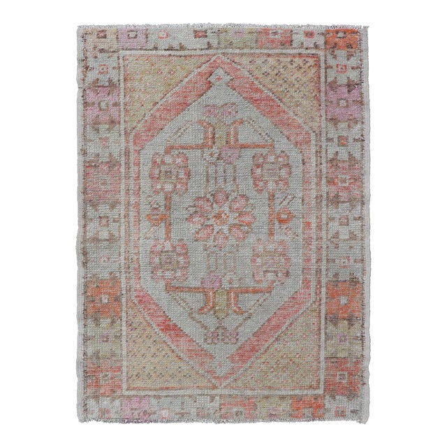 Turkish Oushak Vintage Carpet in Light Orange, Light Blue and Multi Colors 2'8"x3'9" For Sale