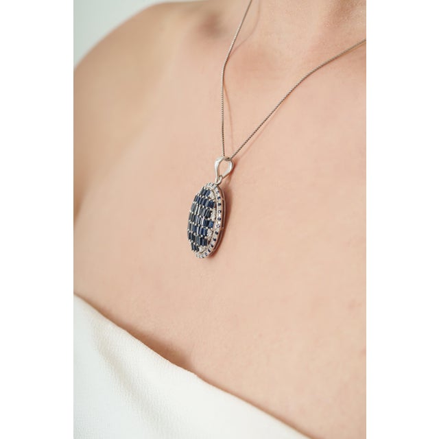 Blue Art Deco Baguette Cut Blue Sapphire & Diamond Mosaic Statement Pendant | 3.45 TCW For Sale - Image 8 of 13