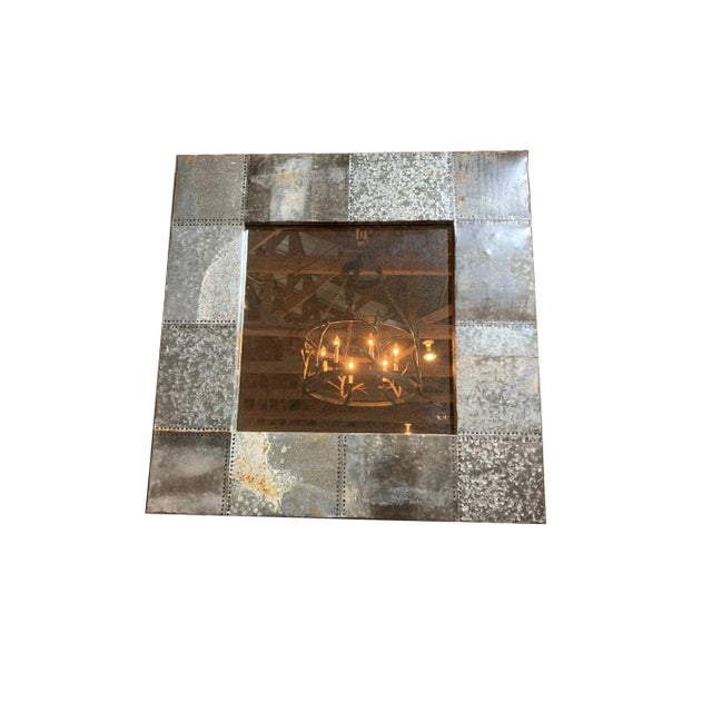 Modern Industrial Square Mirror – Riveted Tin Metal Frame For Sale - Image 4 of 4