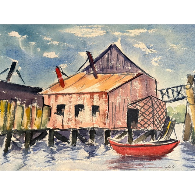 1953 Watercolor Painting of Boatyard by James Vincent Cupoli For Sale - Image 4 of 7