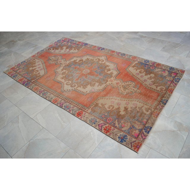 Distressed Low Pile Turkish Rug Vintage Area Rug - 4'3" X 7'10" For Sale - Image 14 of 15