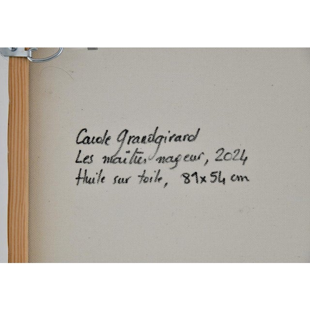 Painting beach with lifeguards les maitres nageurs. by carole grandgirard, title and signature on the back of the canvas....