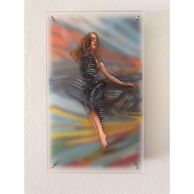 This artwork depicts a figure in motion, gracefully captured with flowing lines and soft color transitions that evoke a...