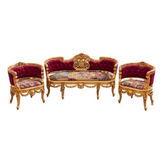 1970 French Artisan Louis XVI Gold Burgundy Sofa Set-3 Pc For Sale