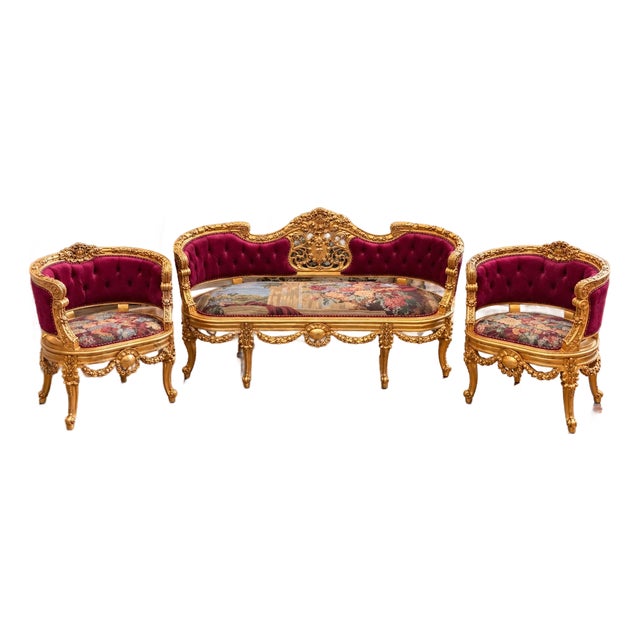 1970 French Artisan Louis XVI Gold Burgundy Sofa Set-3 Pc For Sale