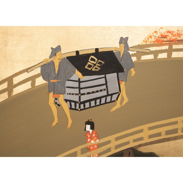 1960s Shōwa Era Japanese Byobu Screen "Autumn Festival Scene by the Bridge" For Sale - Image 10 of 17