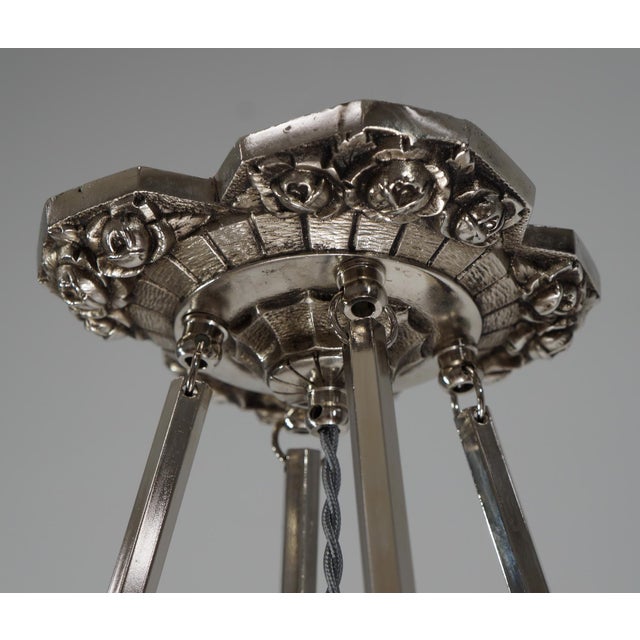 Silver Muller Freres French Art Deco Pendant Chandelier Circa 1930 - Frosted Glass & Nickeled Bronze For Sale - Image 8 of 14