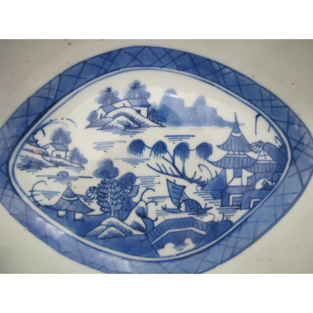 Late 19th Century Chinese Export 19thc Canton Blue Village Porcelain Oval Serving Bowl With Lid For Sale - Image 5 of 13