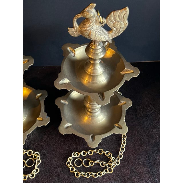 Vintage Pair of Hanging Two Tiered Brass Peacock Diyas For Sale - Image 4 of 12