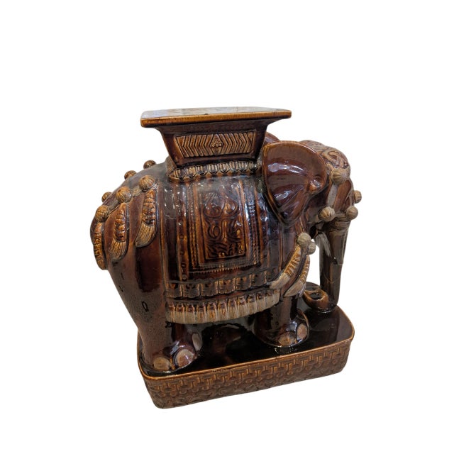 Hollywood Regency Vintage Brown Ceramic Elephant Plant Stand, Hollywood Regency, Chinoiserie For Sale - Image 3 of 10