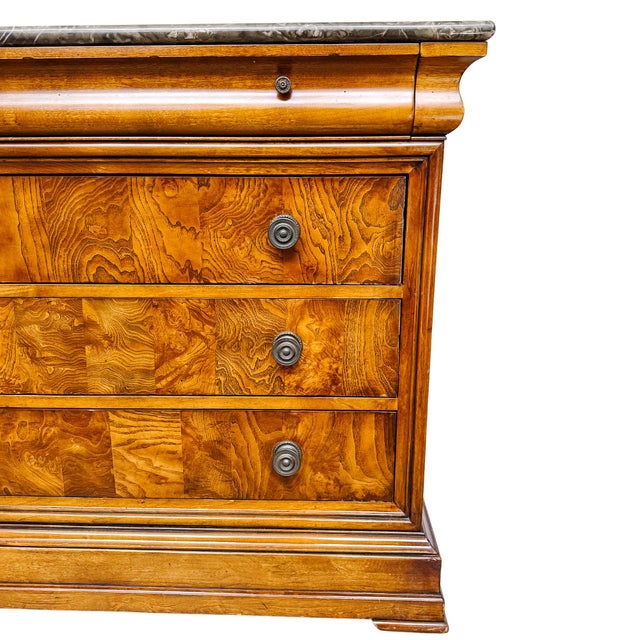 Wood Late 20th Century Ethan Allen Townhouse Louis Philippe Burl Wood & Marble Top Commode For Sale - Image 7 of 18