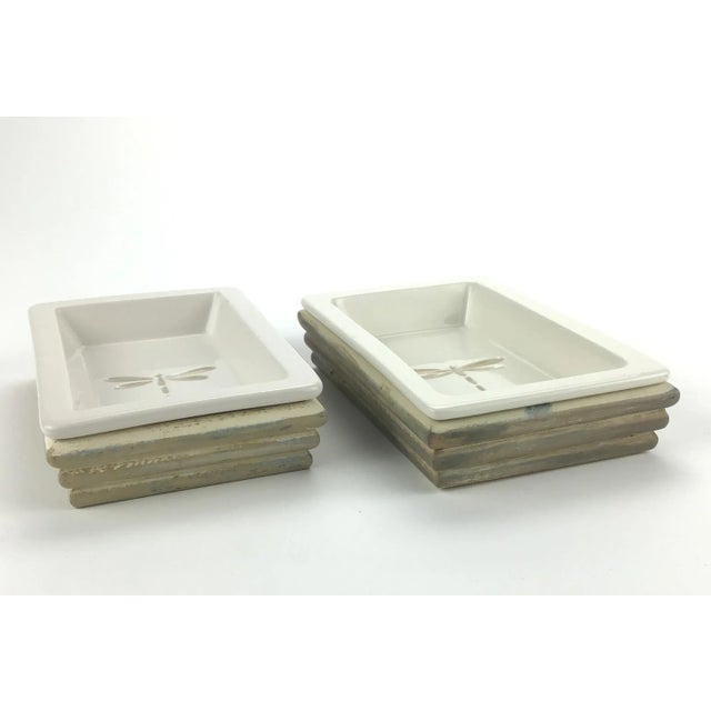 Shabby Chic Ceramic & Wood Dragonfly Design Trinket Holders a Pair For Sale - Image 3 of 8