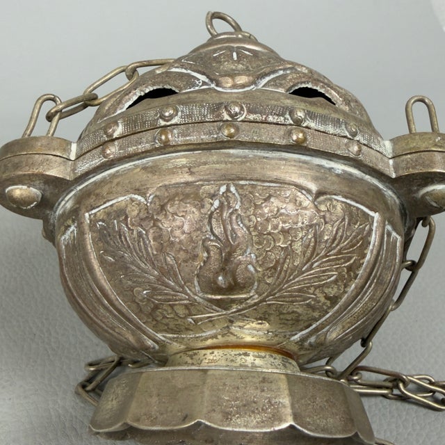Antique Handcrafted Embossed Brass Thurible Sacred Censer, Early 1900s For Sale - Image 9 of 12