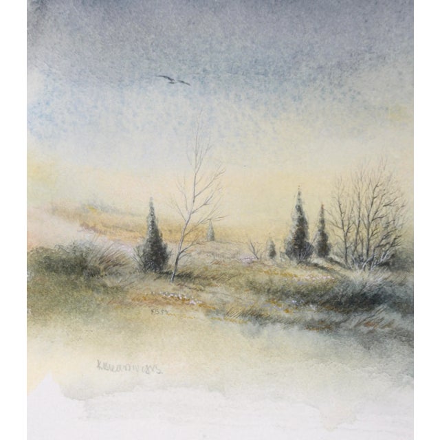 1980s Delicate Vintage Winter Watercolor Landscape For Sale - Image 5 of 6