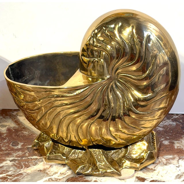 Pair of Large Polished Brass Nautilus Shell Cachepots by Sarreid, Spain, Circa 1970s A substantial pair of polished brass...