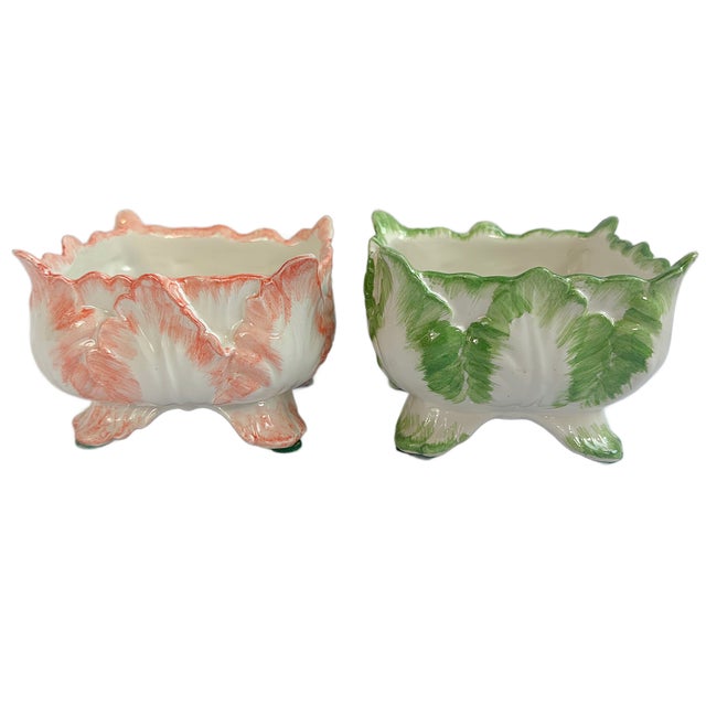 Ceramic Vintage Mottahedeh Majolica Cabbage Leaf Planters - A Pair For Sale - Image 7 of 8